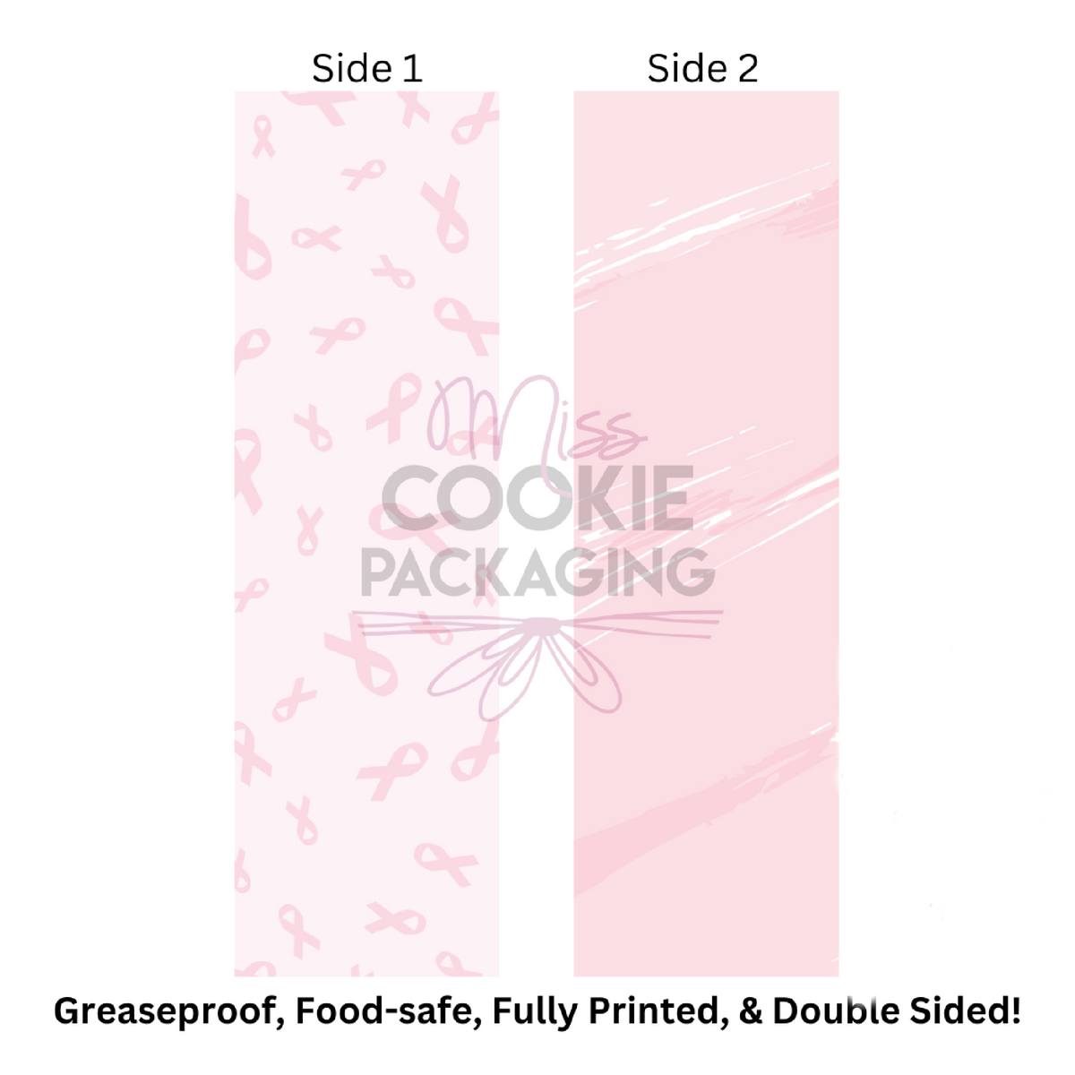 Pink double-sided greaseproof food-safe cookie bag with subtle ribbon pattern and matte finish for breast cancer awareness
