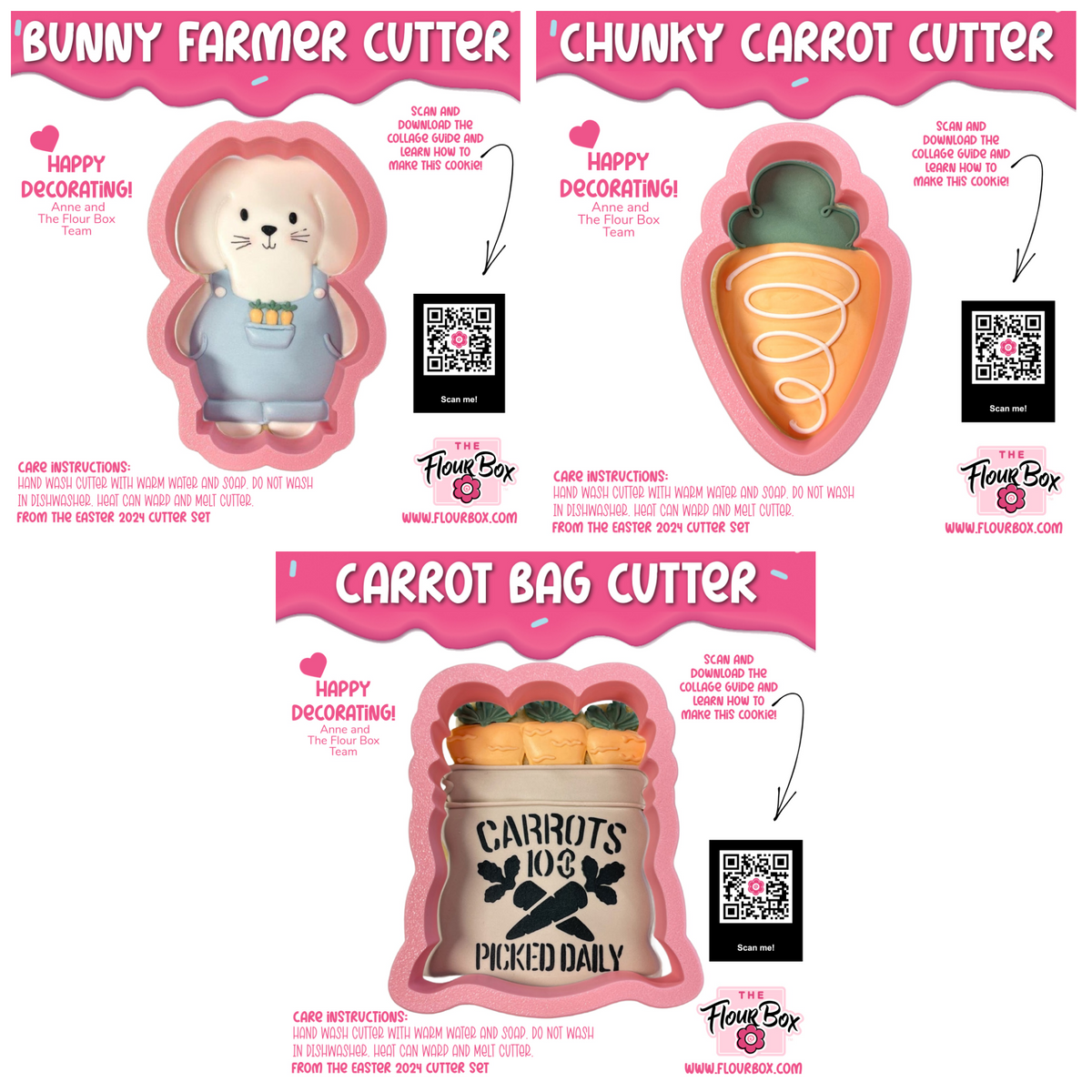 Pastel pink plastic bunny farmer and carrot cutter cookie cutter bundle with stencil from the flour box