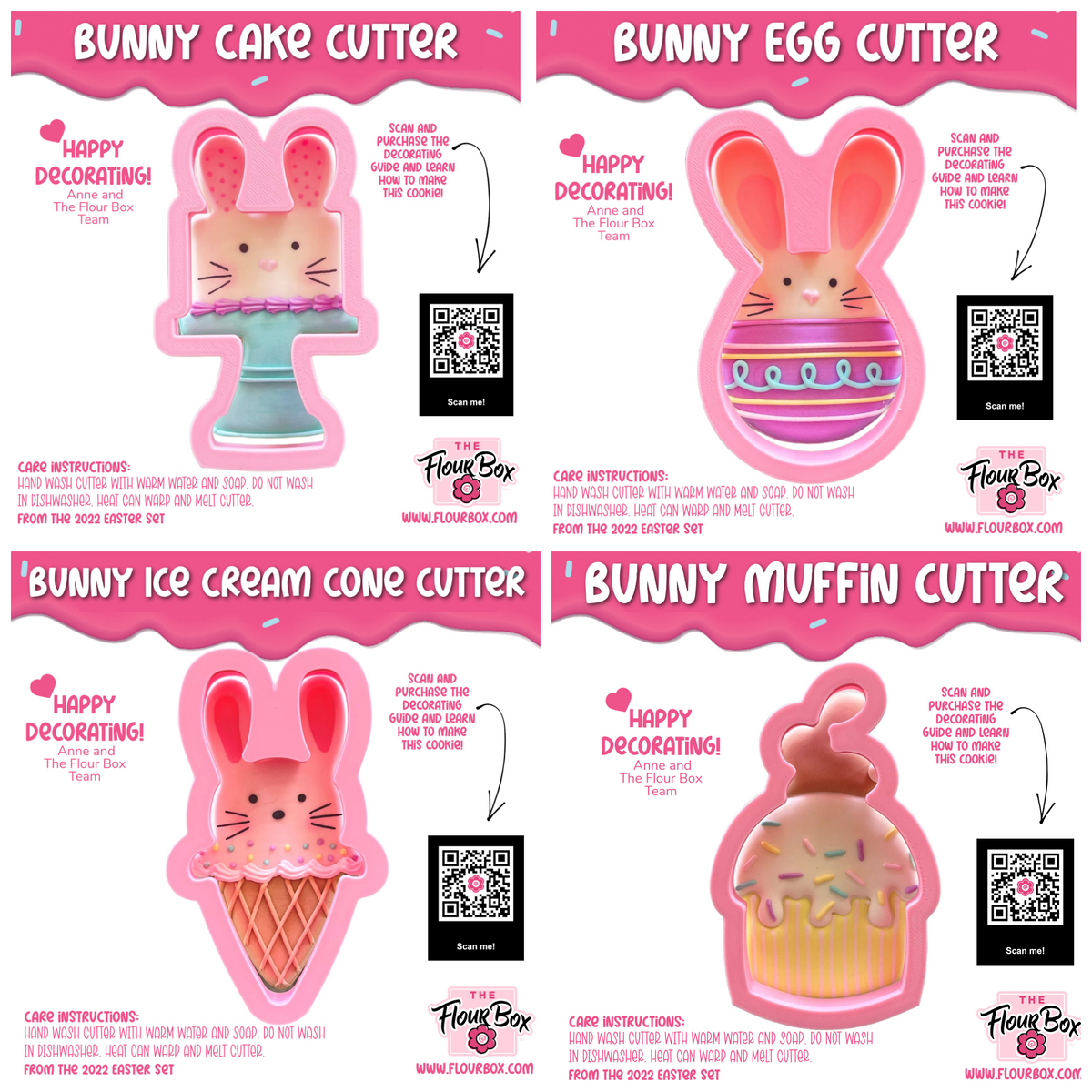 Pink bunny-shaped cookie cutter with teal base and pink ears for baking in the bunny food cookie cutter set