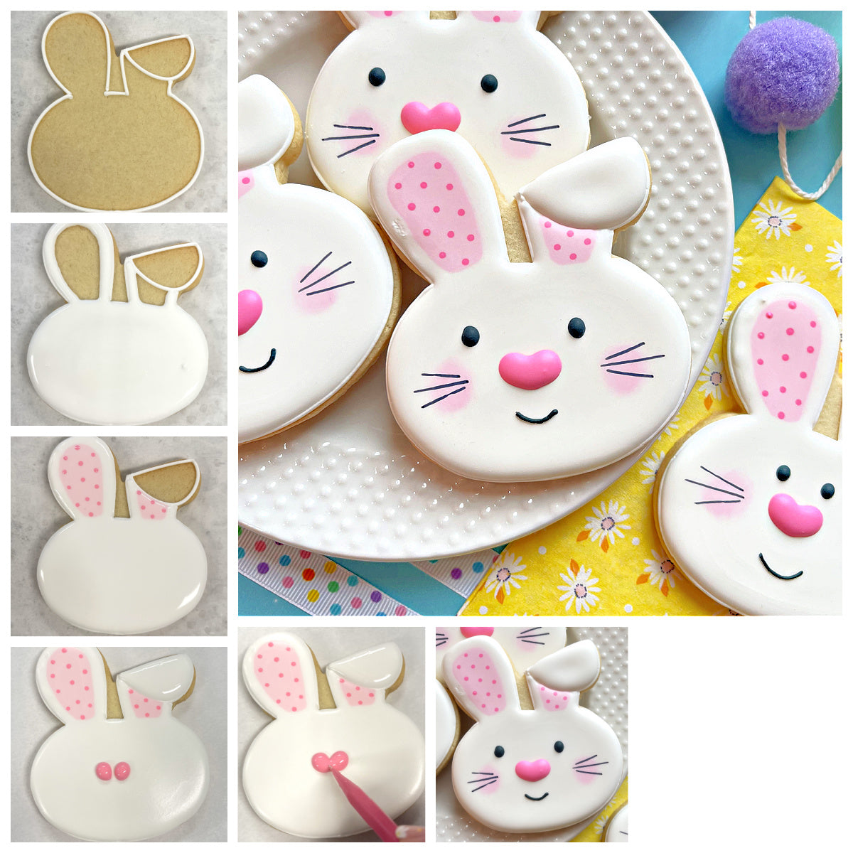 Cute white bunny-shaped cookies with pink polka-dotted ears made using a bunny with floppy ear cookie cutter