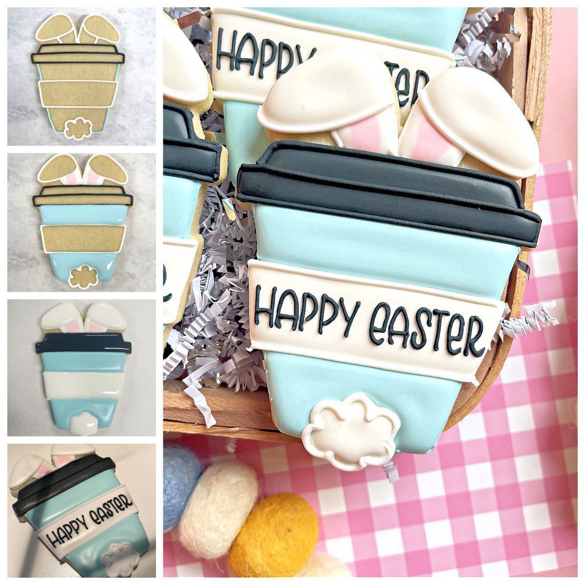 Light blue frosted coffee cup cookie with black lid and happy easter icing made using bunny latte cookie cutter