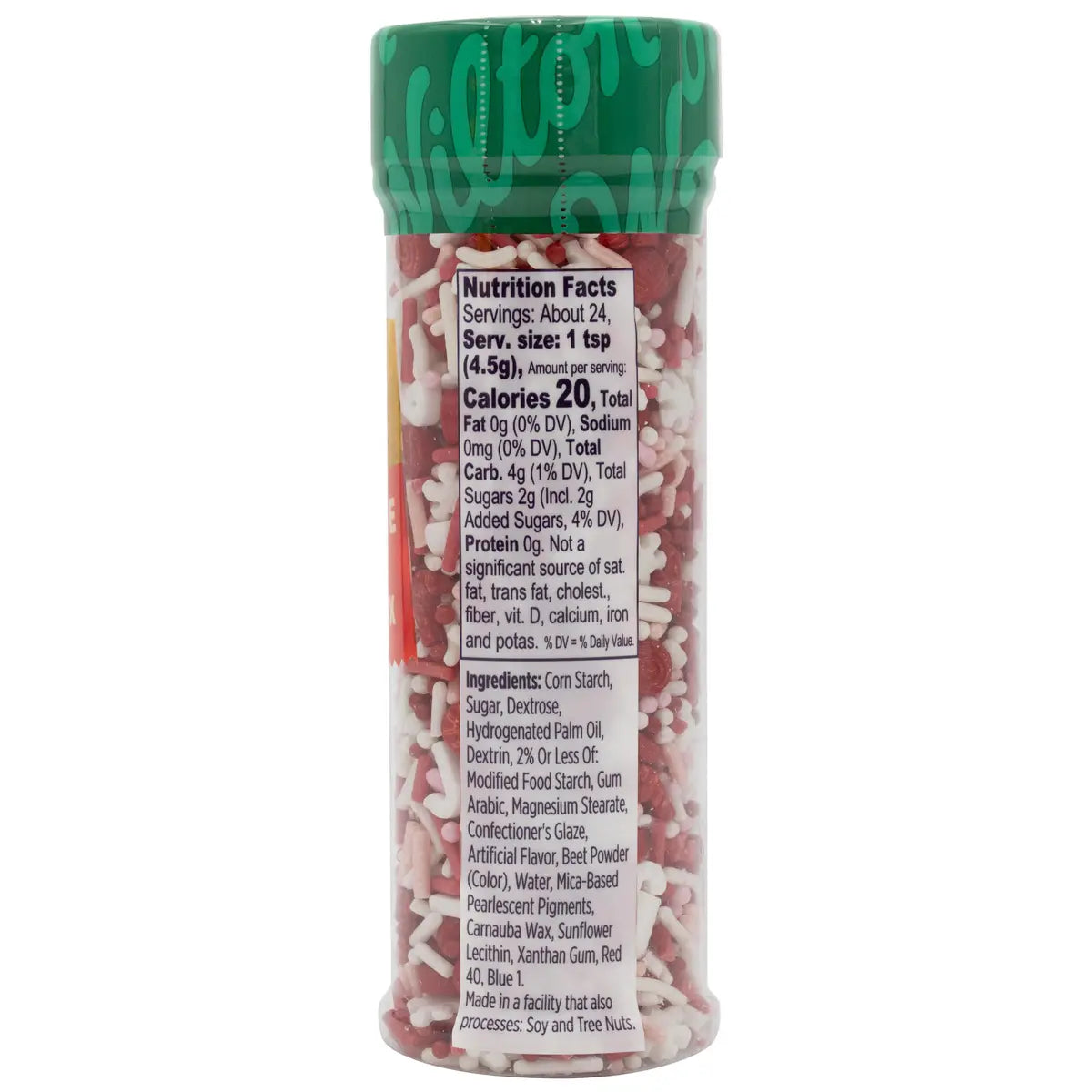 A clear plastic bottle with a green lid filled with pink and white candy cane sprinkle mix
