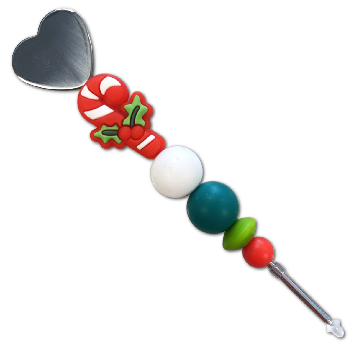 Candy cane cutie cookie scribe with shiny silver heart spoon head red and green candy cane holly charm and colorful beads