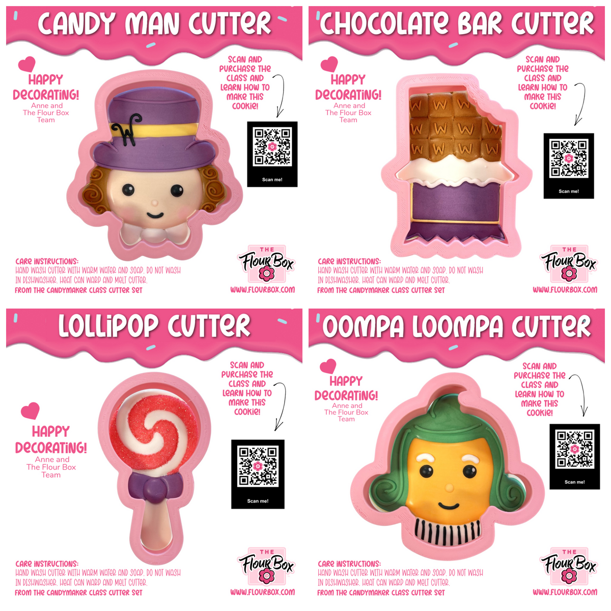 Smiling character with curly brown hair wearing a purple top hat with yellow band and black ribbon in candymaker online decorating class recording