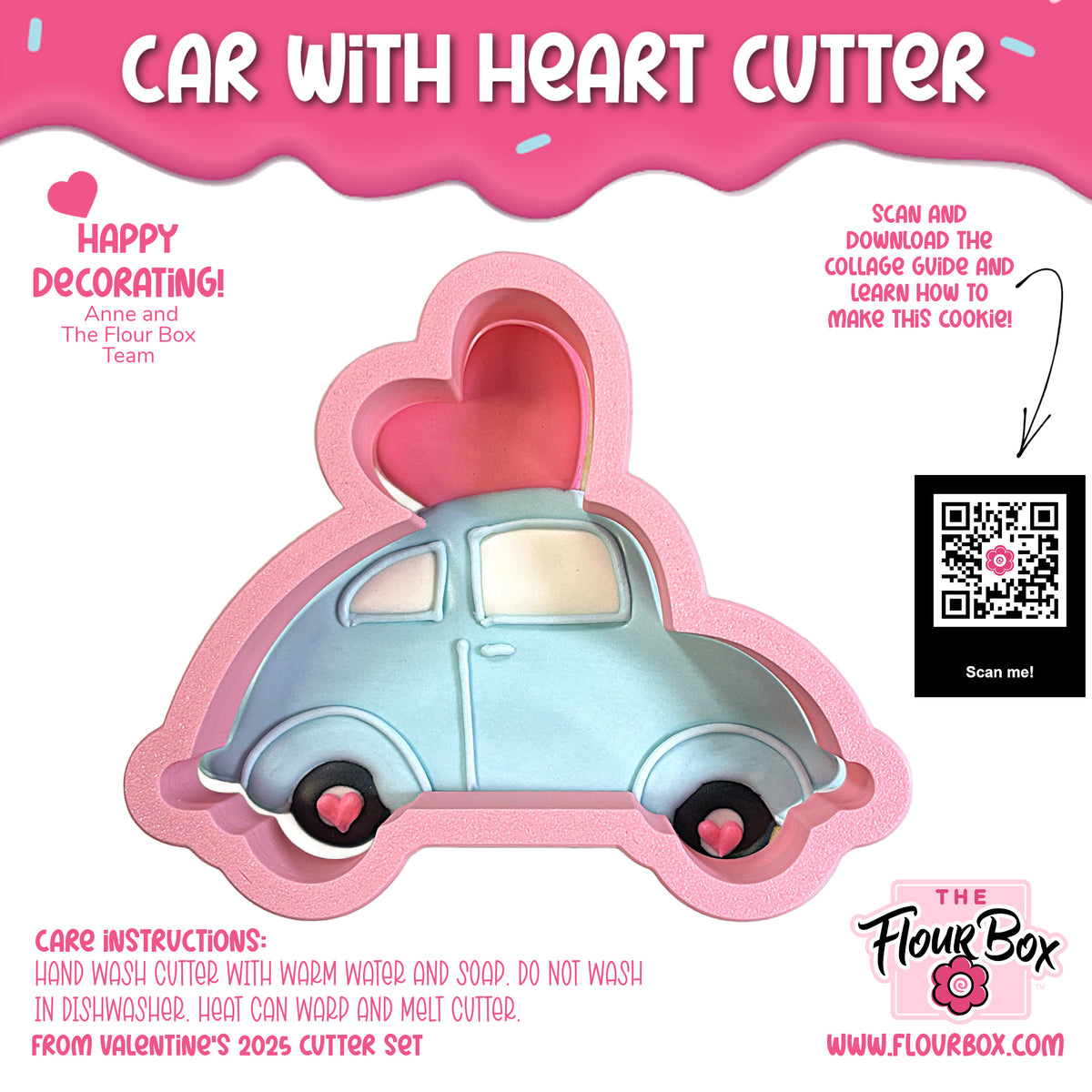 A pink silicone car-shaped cookie cutter with a heart on top designed for valentine’s day baking