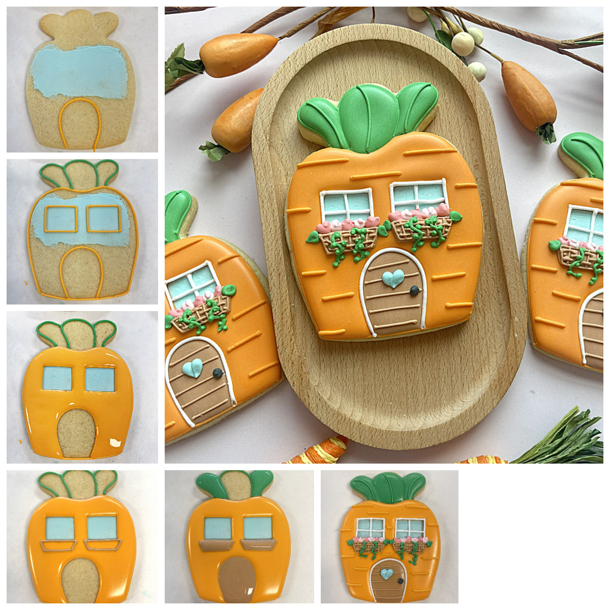 A whimsical carrot house cookie made with an orange carrot-shaped cutter featuring green top and heart handle door