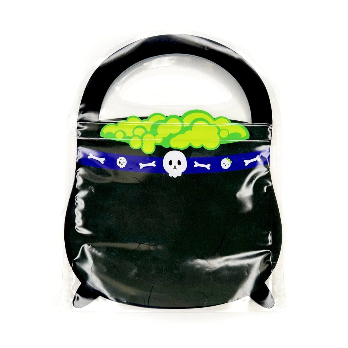 Black plastic halloween cauldron cookie bag with blue skull band and green goo topper set of 10 bags