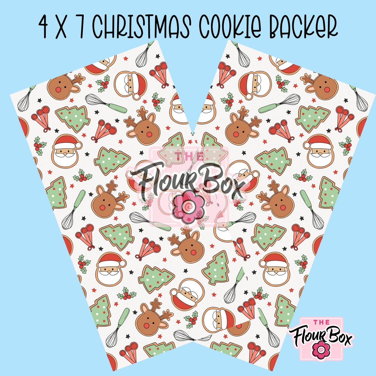 Christmas cookie box backer 4 by 7 inch rectangle with festive santa reindeer and gingerbread cookie illustrations on white