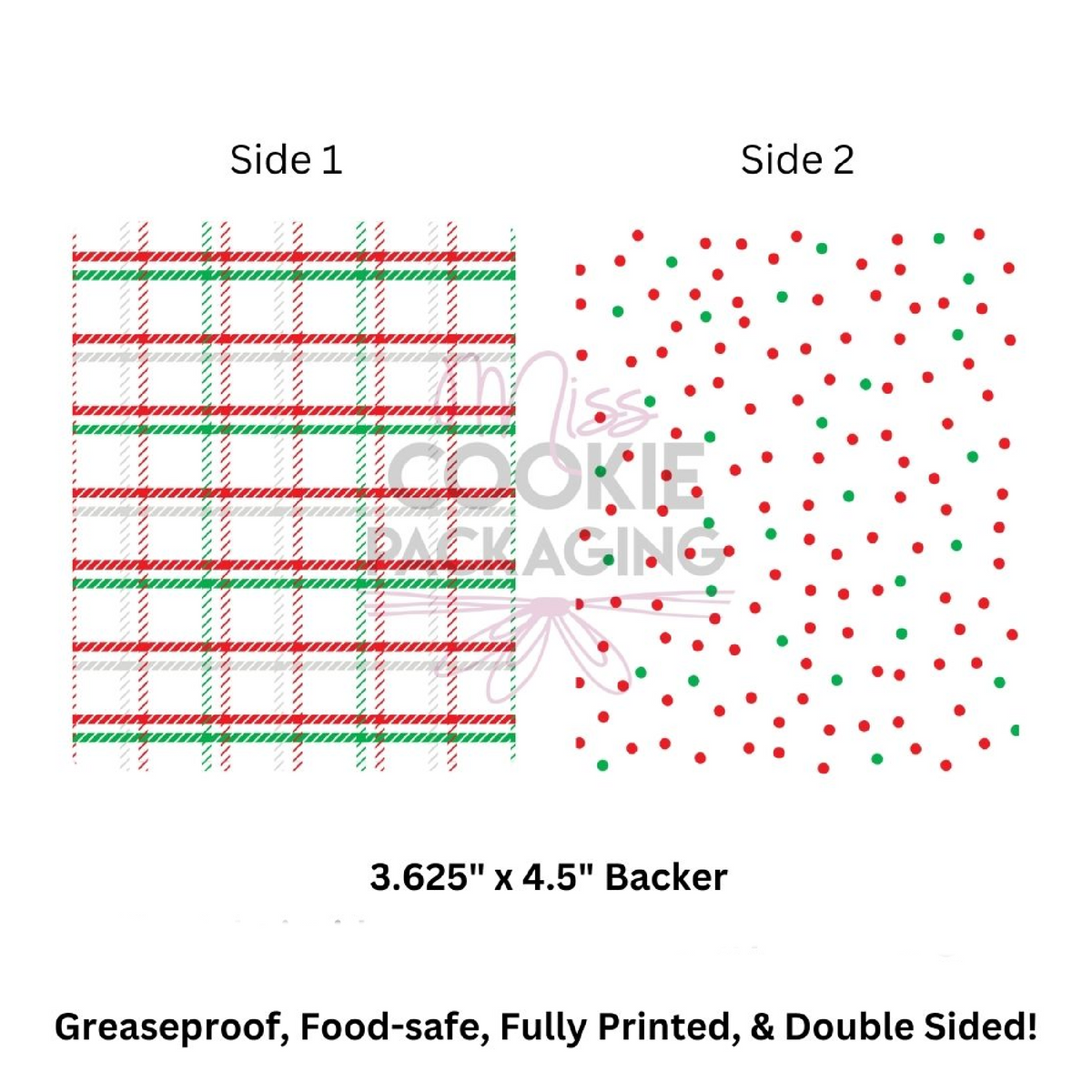 Double-sided greaseproof food-safe christmas plaid dots cookie bag square backer card with red green white patterns
