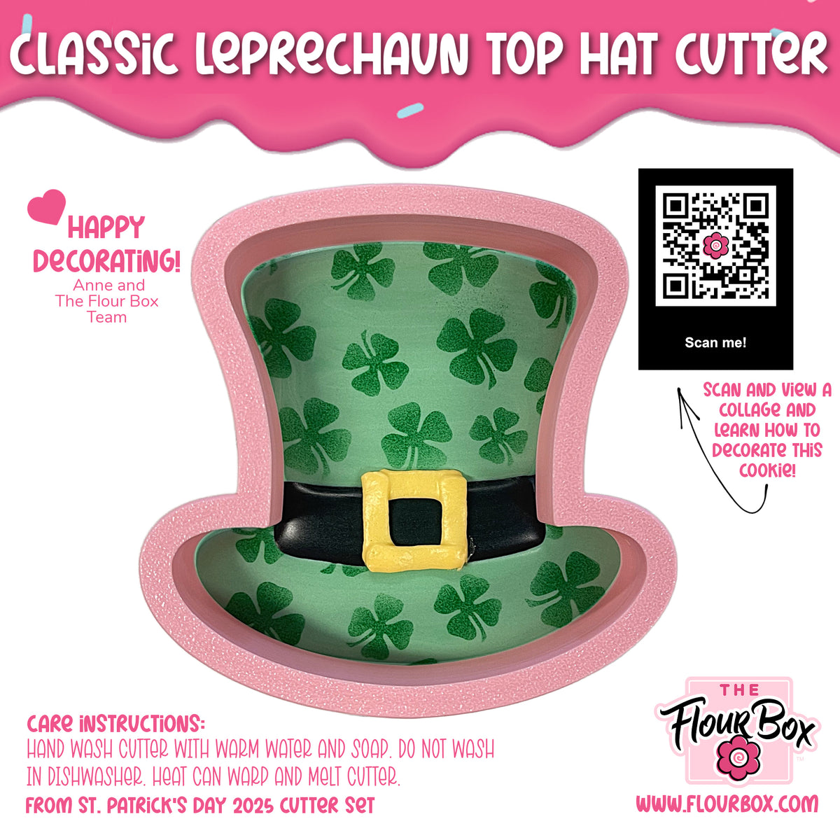 Classic leprechaun top hat cookie cutter with pink glitter exterior, green shamrock interior, and black belt buckle design