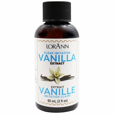 Lorann clear imitation vanilla extract in 60 ml amber glass bottle with black cap and white blue label for baking use