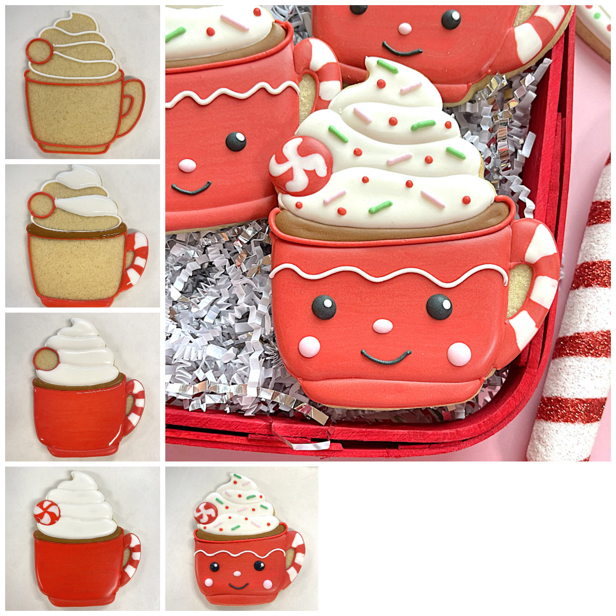 Red gingerbread cocoa mug cookie cutter with white icing swirl candy cane handle and festive sprinkles design