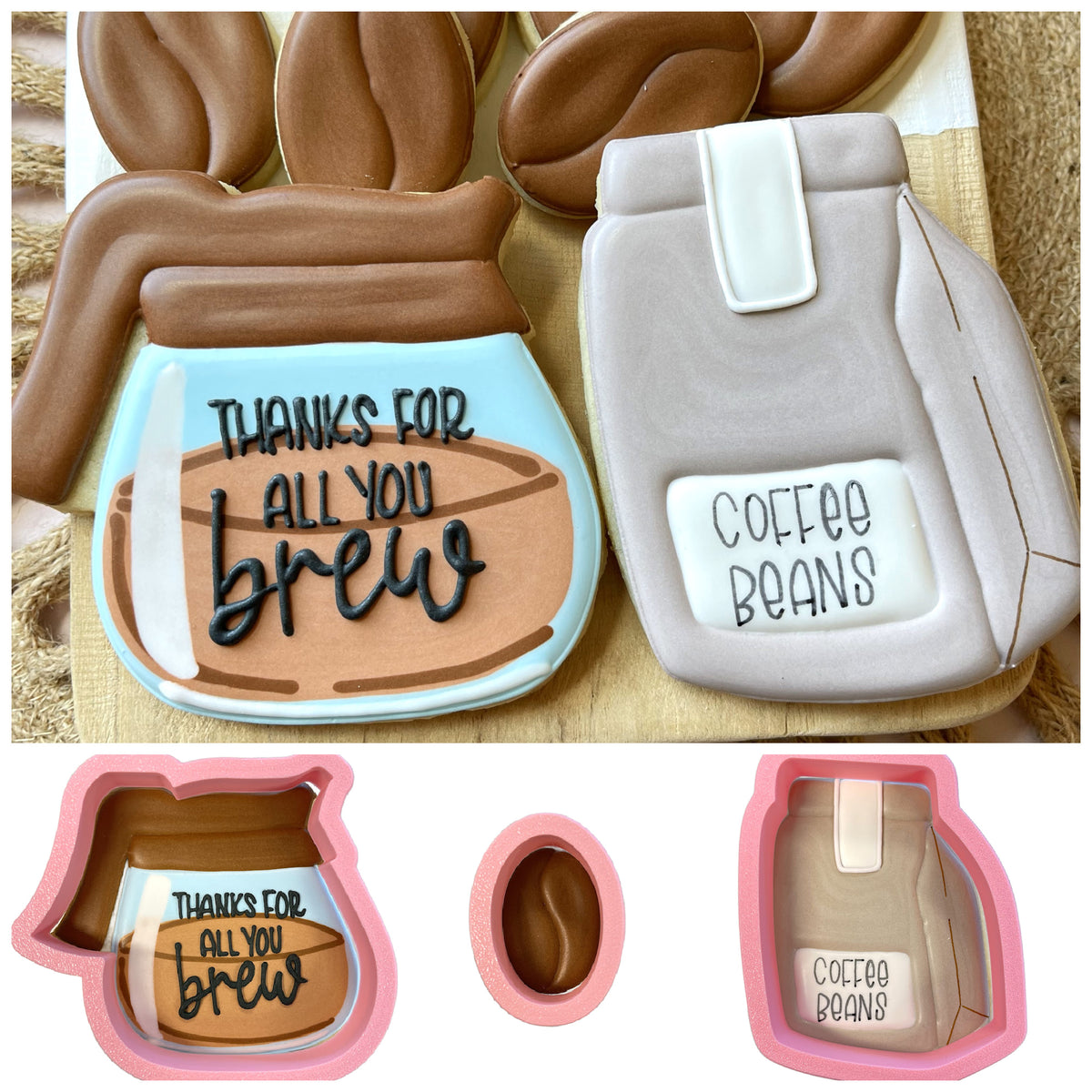 Pink silicone coffee brew cookie cutter bundle featuring a coffee jar shape with thanks for all you brew text and bean cutters