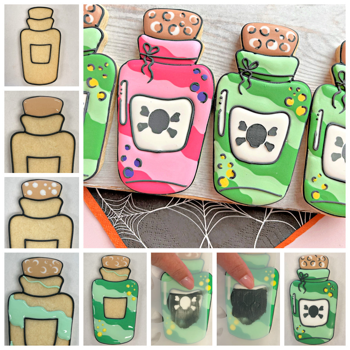 Comic potion bottle cookie cutter shaped pink and green camouflage cookies with skull symbols and detailed icing decorations