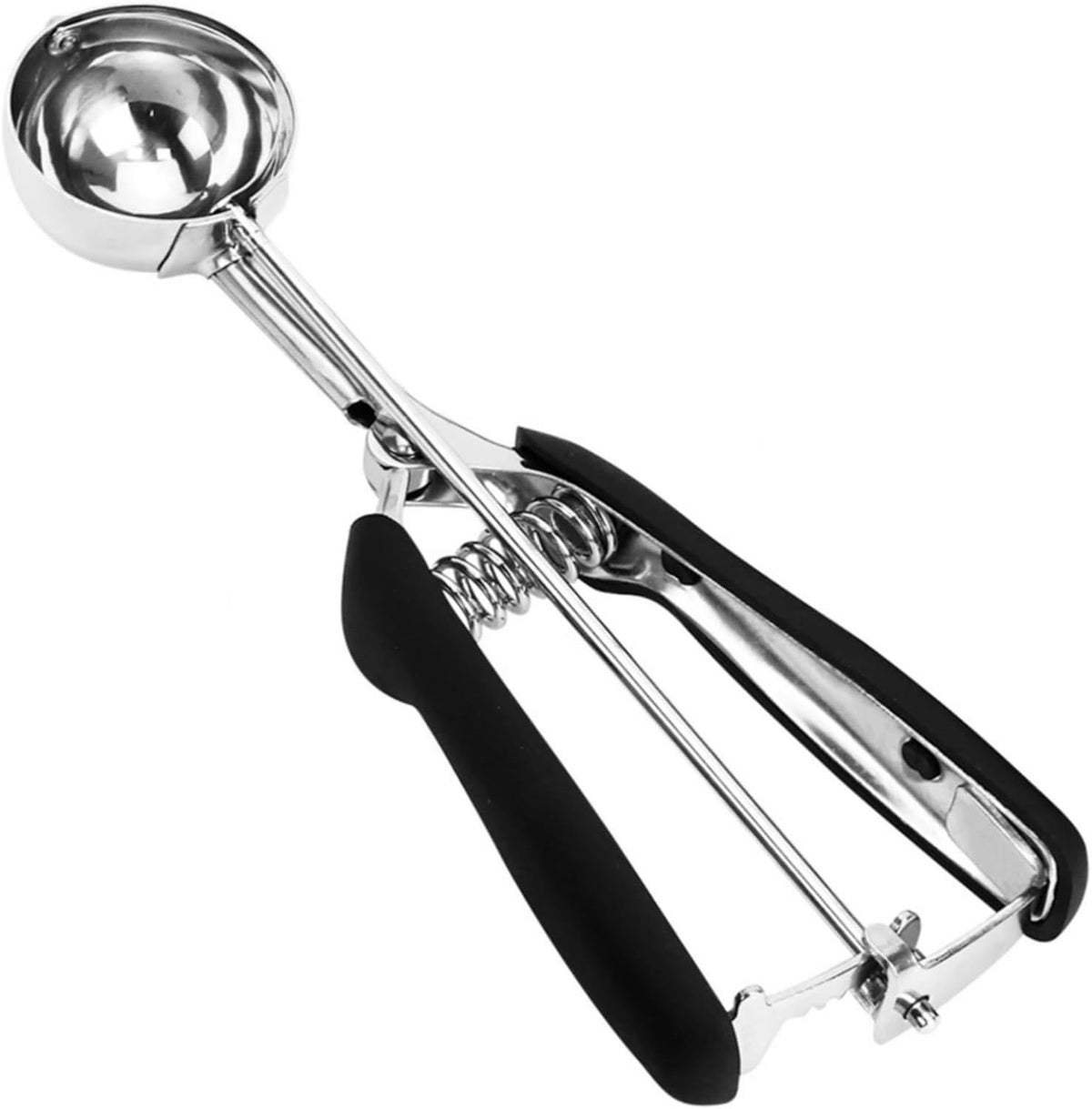 Stainless steel cookie scoop with black ergonomic handles and spring-loaded mechanism for easy portioning