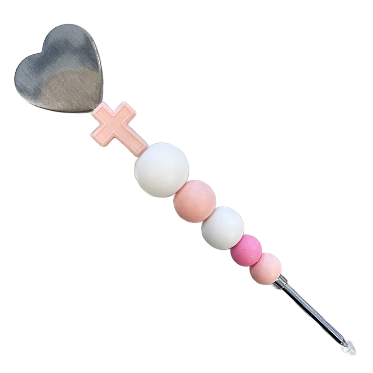 Have faith cookie scribe decorative crochet hook with silver heart handle pink cross charm and white pastel pink beads
