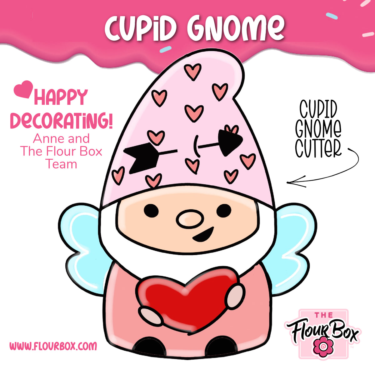Pink cupid gnome cookie cutter with heart patterned hat and light blue wings holding a red heart for baking