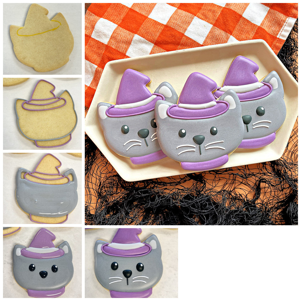 Cute chubby cat witch cookie cutter shaped gray cookies with purple witch hats and white icing details