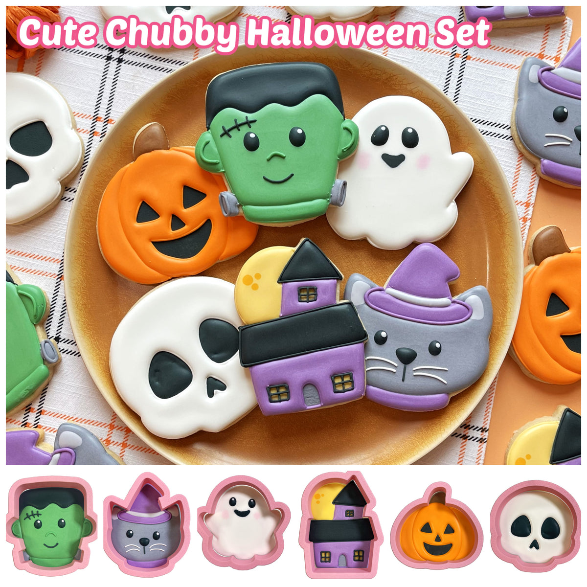Cute chubby halloween cookie cutter bundle in pink silicone featuring frankenstein ghost pumpkin skull haunted house witch cat designs