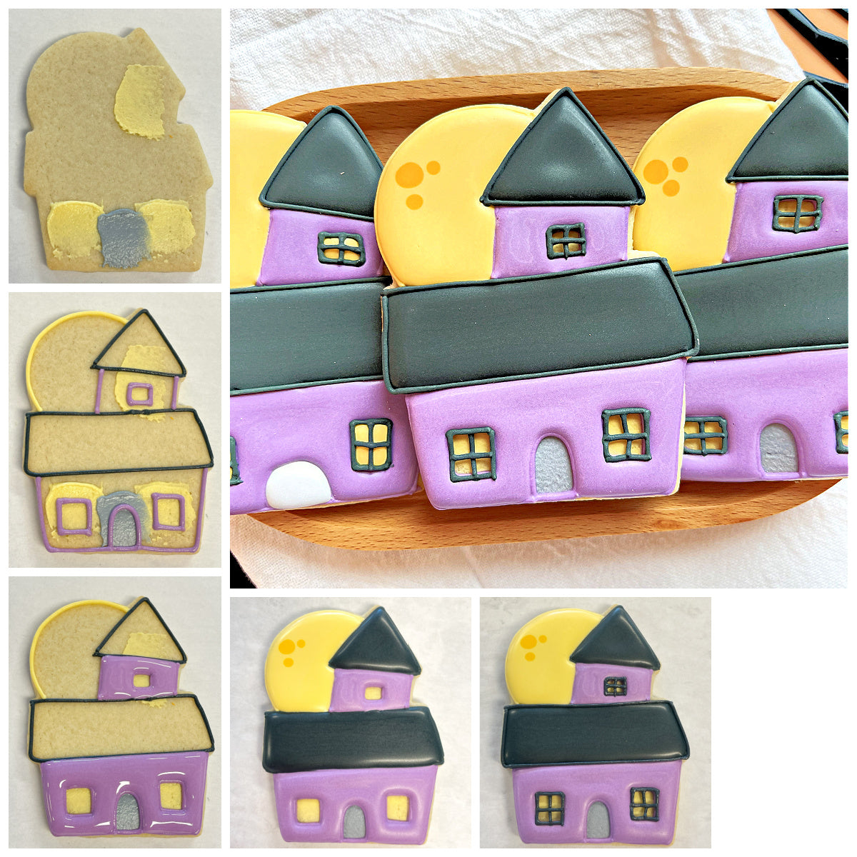 Purple and black halloween-themed house-shaped cookies with yellow moon decorations made using cute chubby haunted house cookie cutter