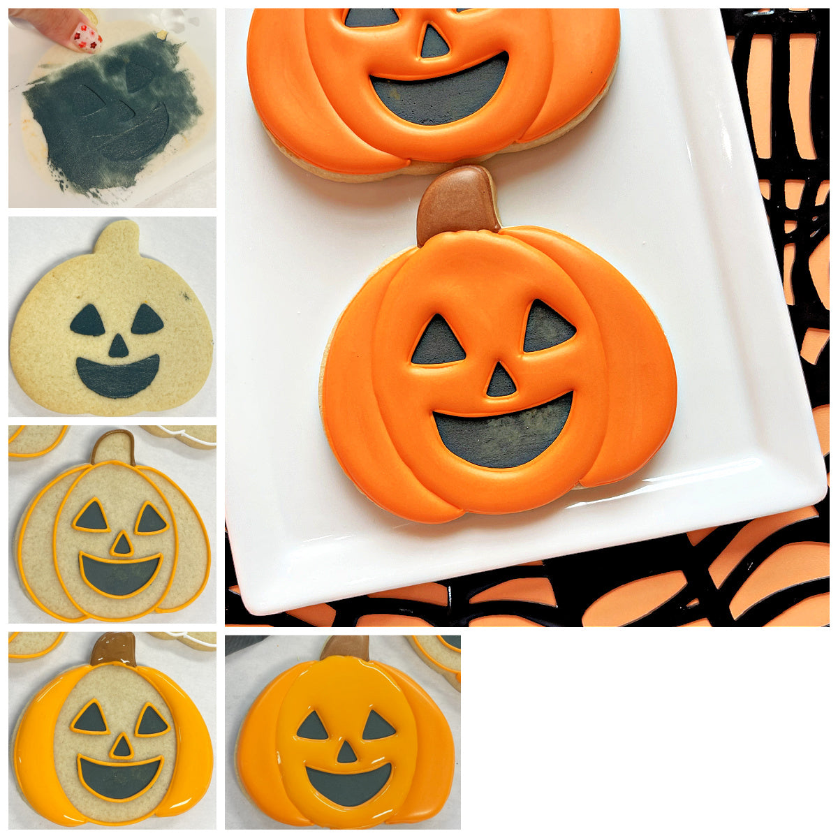 Orange frosted pumpkin-shaped cookies with black icing faces and brown stems made using a cute chubby pumpkin cookie cutter