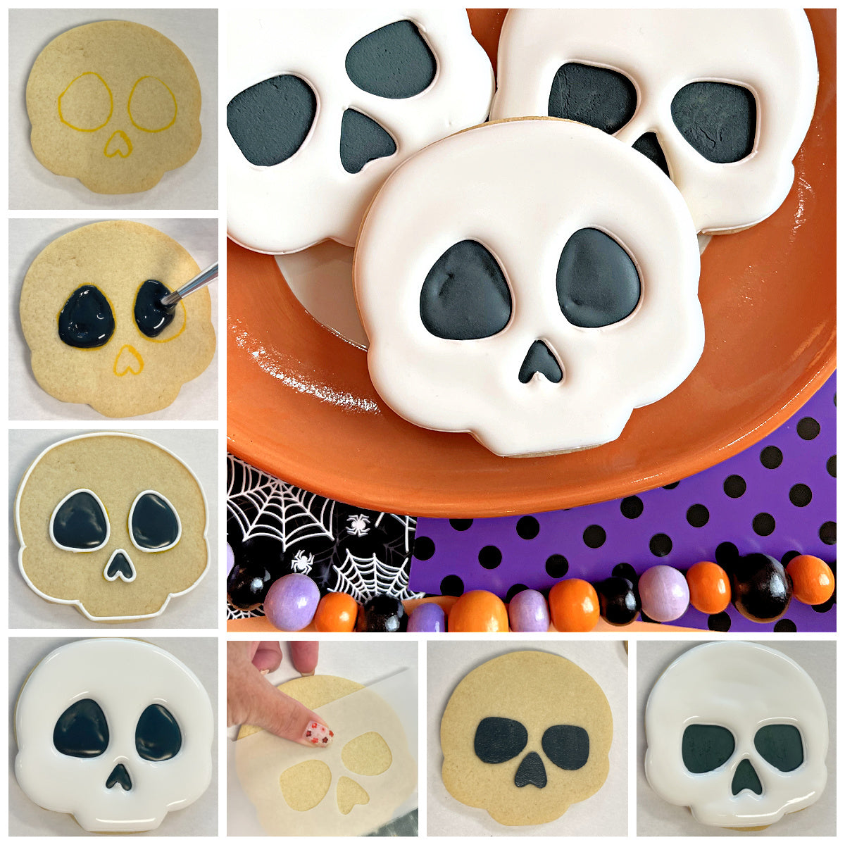 White frosted skull-shaped cookies with black icing eyes and nose on an orange plate made using cute chubby skull cookie cutter