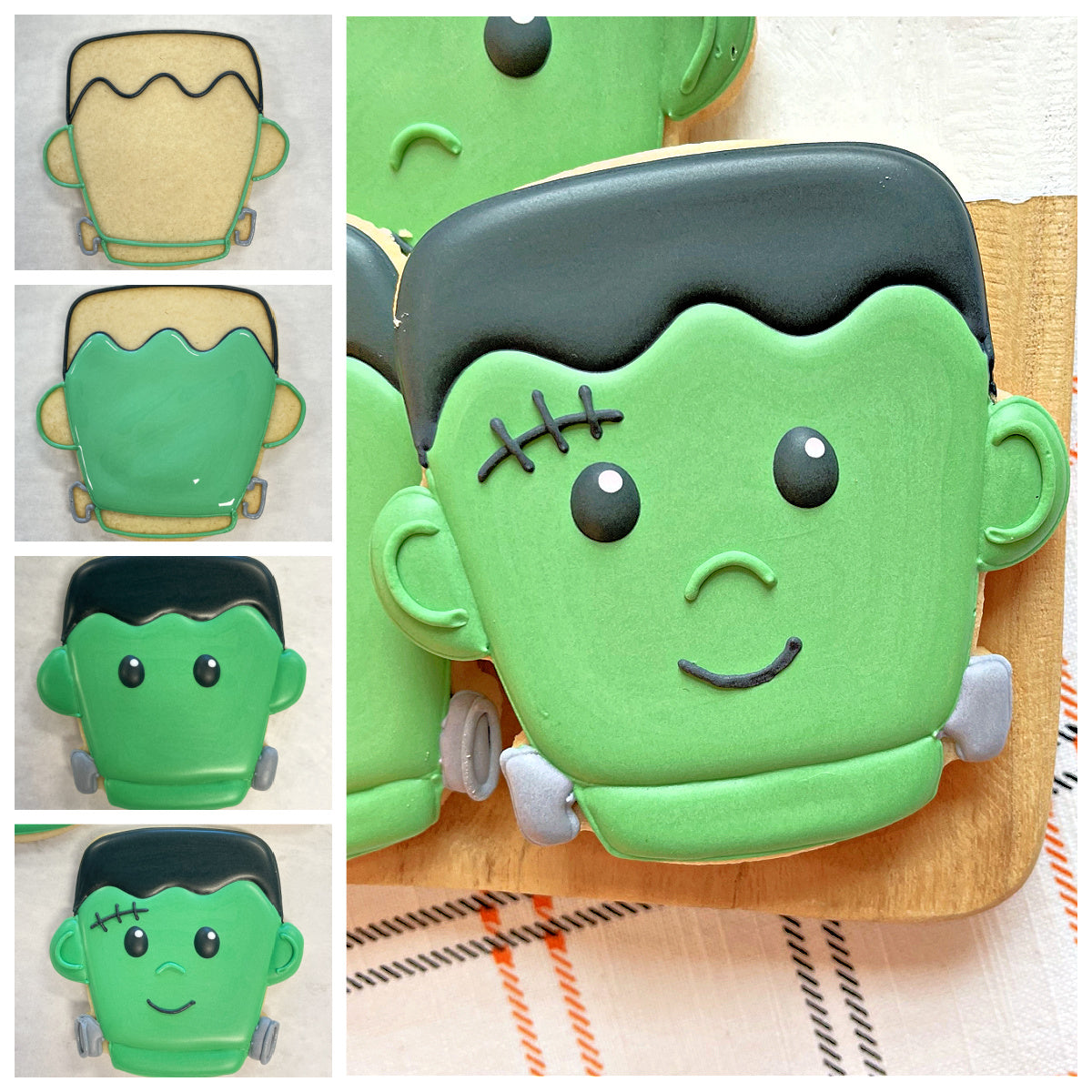 Cute chubby frank cookie cutter green frankenstein cookie with black icing hair stitched eyes and gray button hands