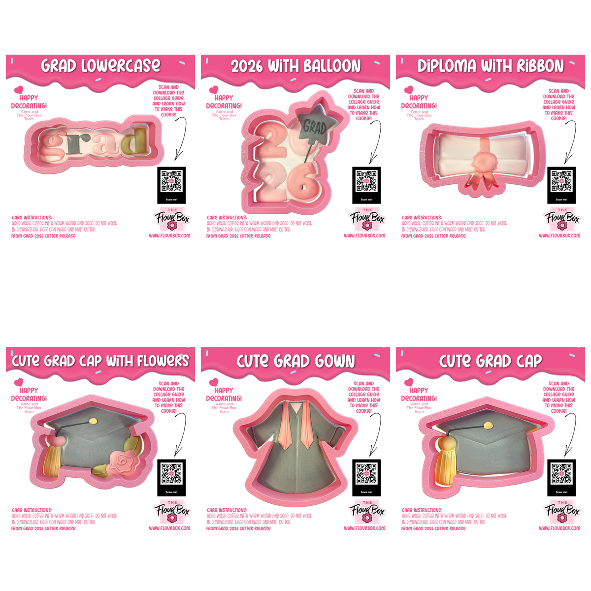 Pink silicone cookie cutter set with graduation themed shapes including grad letters 2026 balloon diploma and cap molds