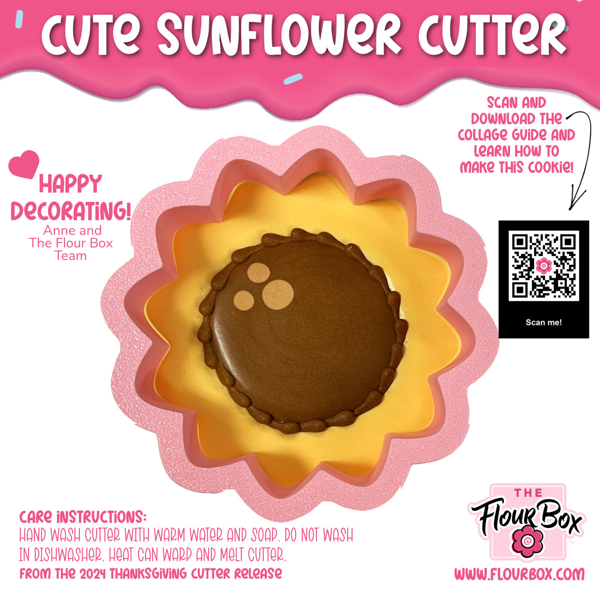 Pink and yellow sunflower-shaped metal cookie cutter with chocolate-colored center design for baking cute cookies