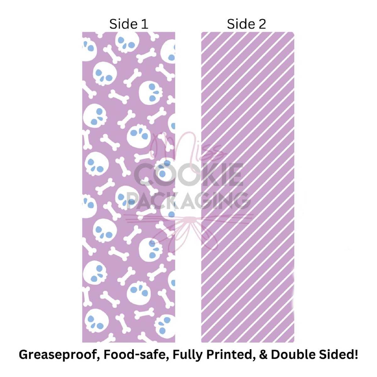 Lavender double-sided cookie wrapper with playful white skulls and bones on one side and diagonal stripes on the back side