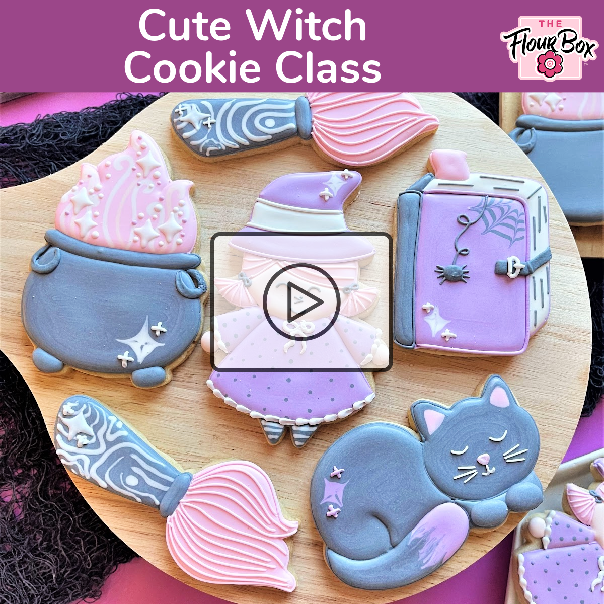 Purple and pink witch-themed sugar cookies shaped like cauldron broomstick hat book and cat for cute witch online decorating class