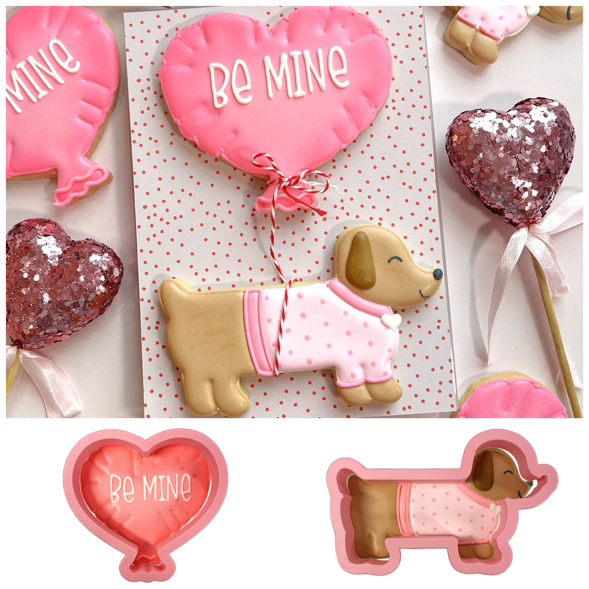 Pink heart-shaped metal cookie cutter with be mine inscription for dachshund valentine cookie cutter bundle