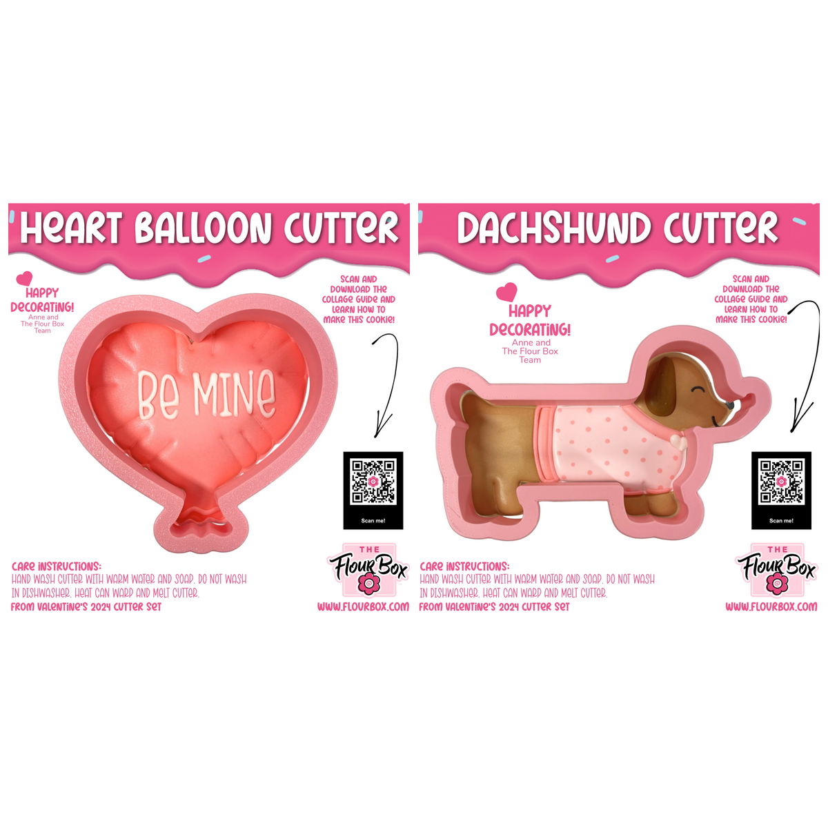 Pink silicone dachshund and heart balloon cookie cutters for Valentine baking in a dachshund valentine cookie cutter bundle