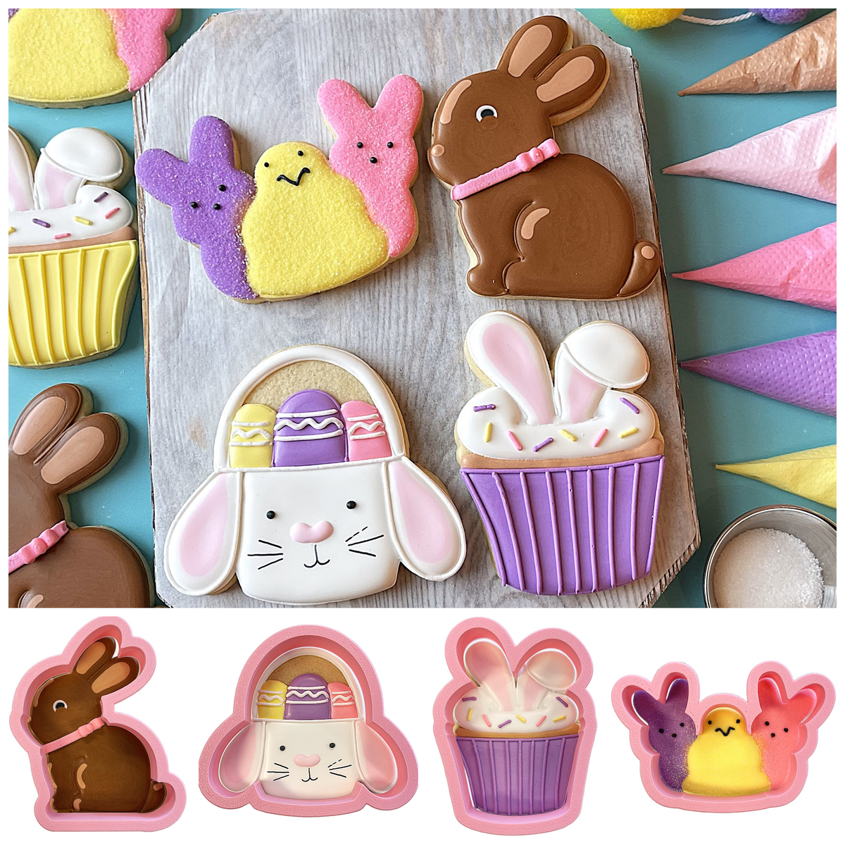 Pink silicone easter sweets cookie cutter bundle featuring bunny egg basket cupcake and chick designs for baking