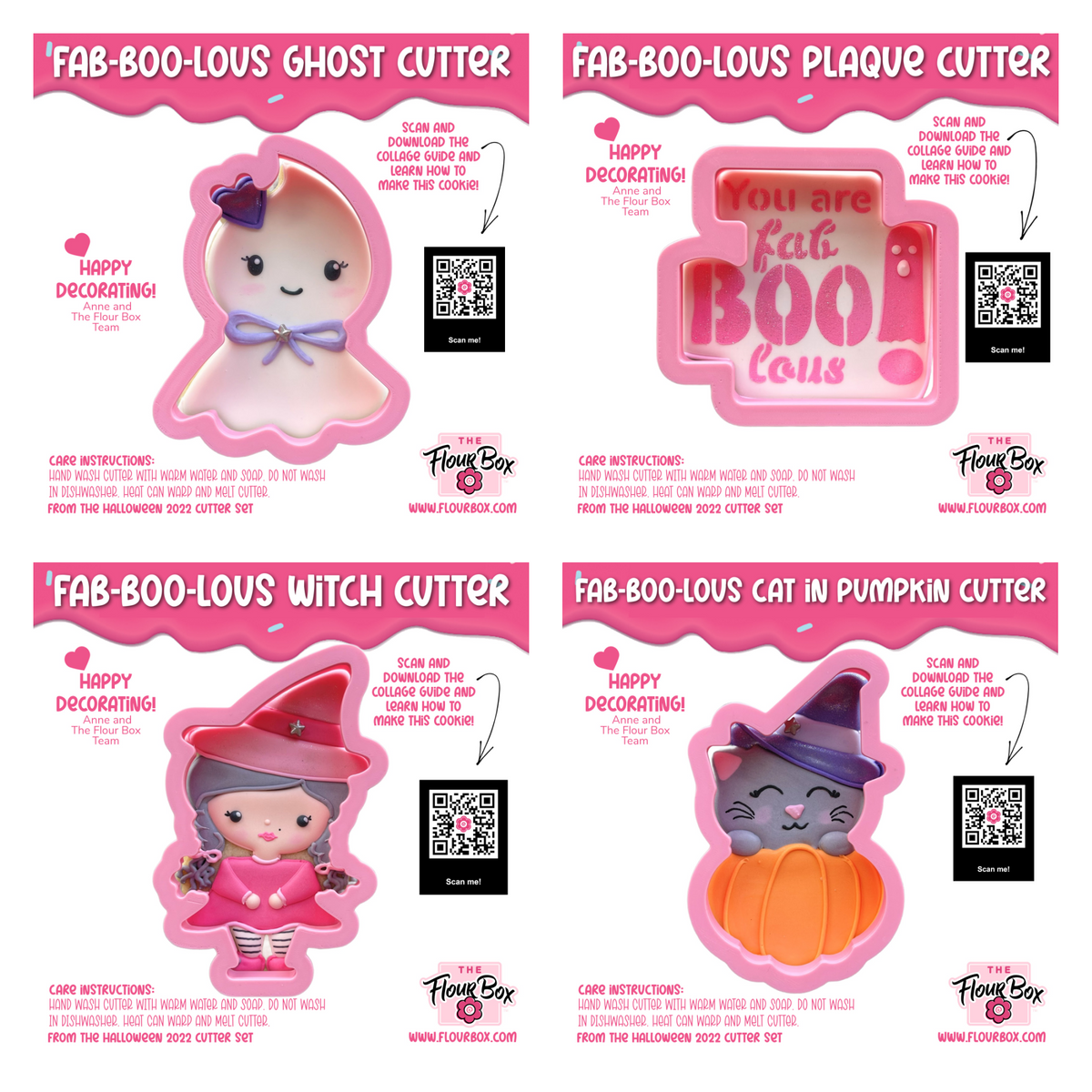 Pink ghost-shaped silicone cookie cutter with purple bow and hat detail from fab-boo-lous cookie cutter bundle with stencil