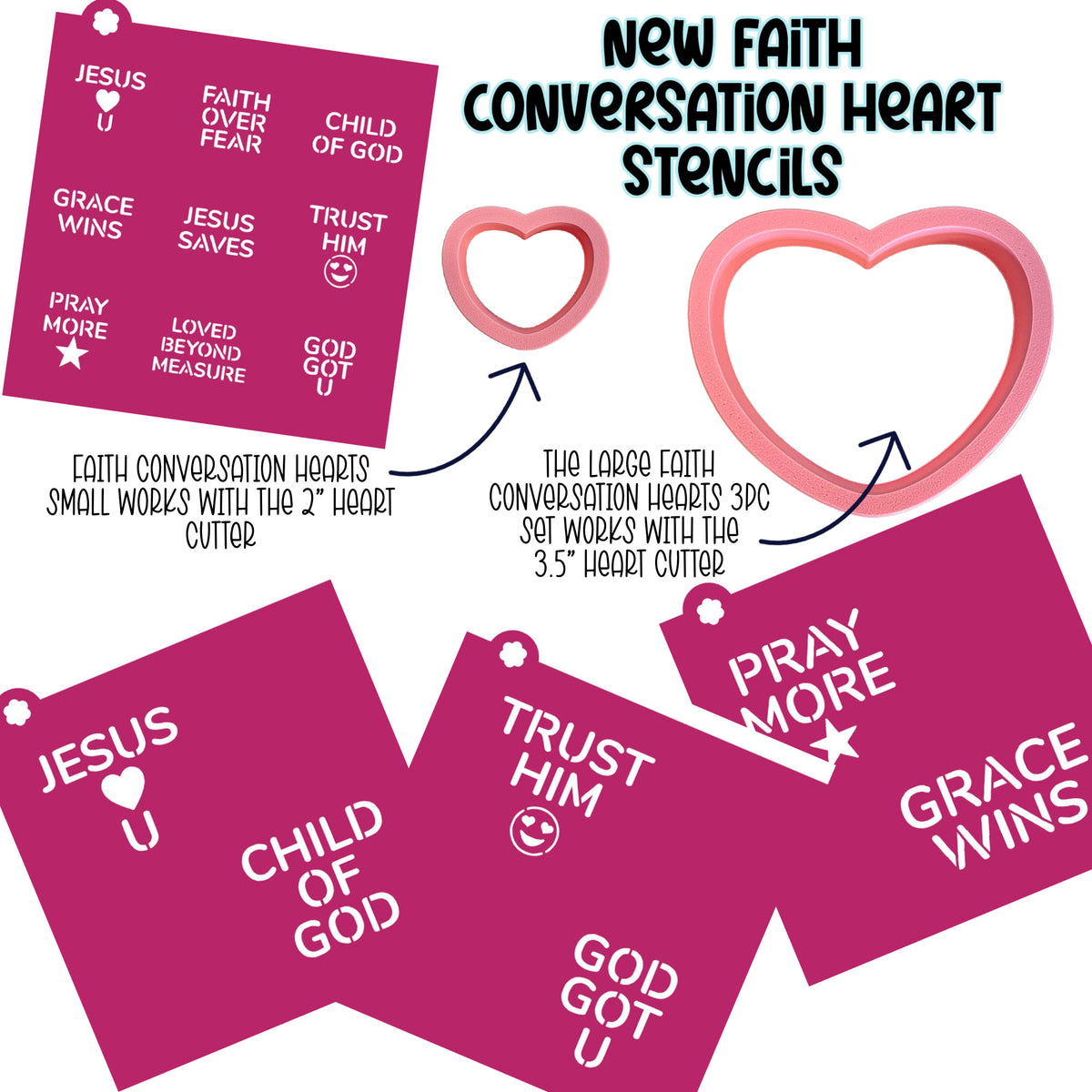 Pink heart shaped 3.5 inch cookie cutter with white religious phrase stencils for christian themed baking