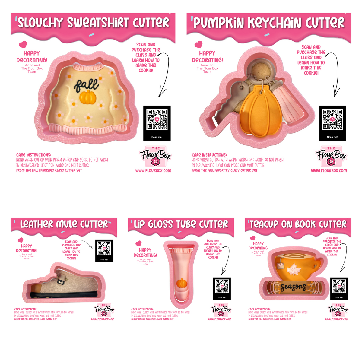 Pink silicone cookie cutter shaped like a fall sweatshirt with orange pumpkin and fall text for fall decorating class