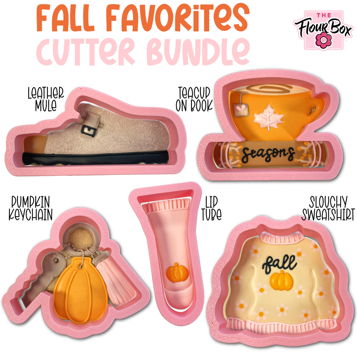 Pink silicone teacup cookie cutter on a book next to an orange cup with brown scroll design fall favorites bundle