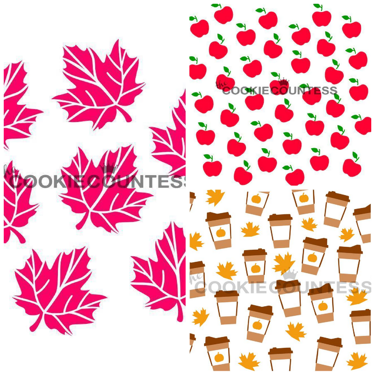 Fall stencil bundle featuring repeating patterns of pink maple leaves red apples and brown coffee cups with autumn designs