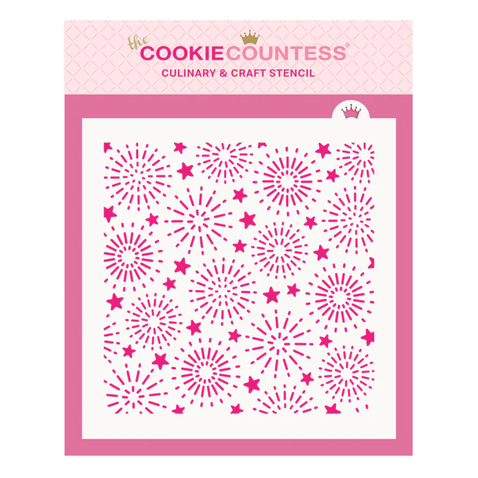 Festive fireworks pattern stencil in pink featuring star and fireworks designs for cookie decorating by the cookie countess