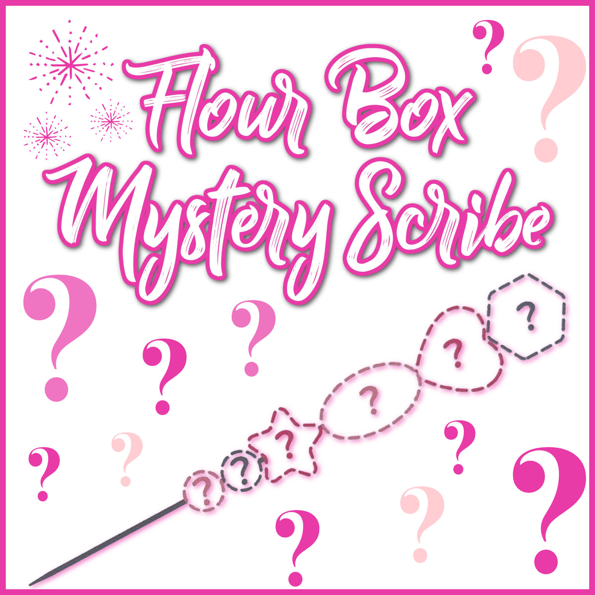 Pink flour box mystery cookie scribe wand with black handle and decorative question mark charms for detailed baking designs