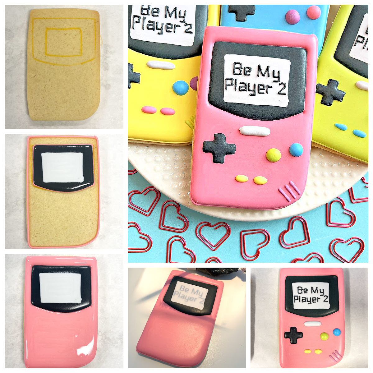 Retro valentine cookie cutter bundle featuring a pink game boy style cookie with colorful buttons and be my player 2 message