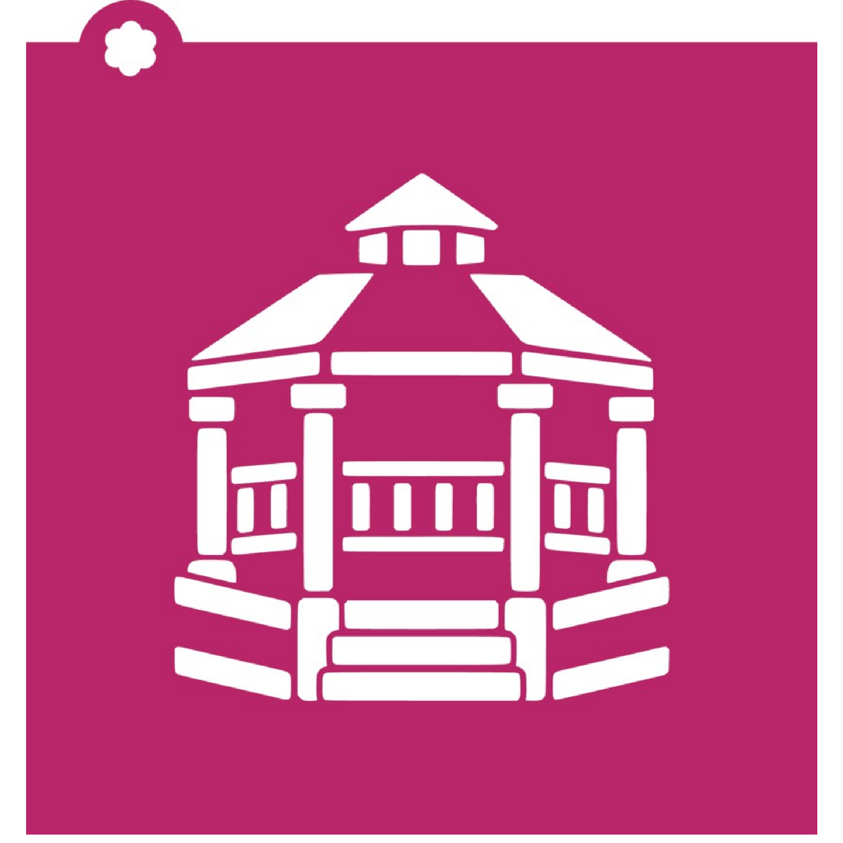 White hexagonal gazebo cookie cutter with stencil on magenta background for detailed cookie shaping