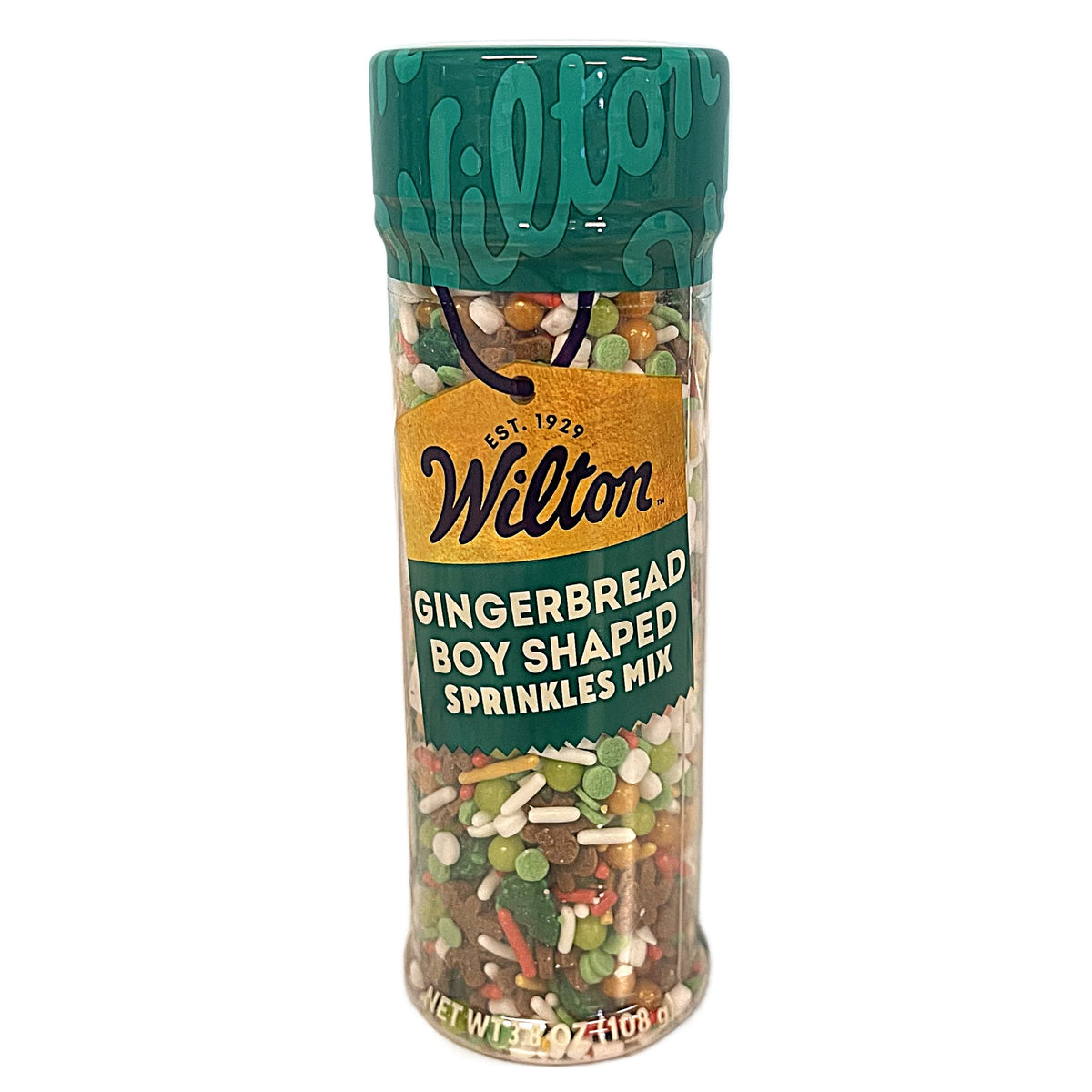 Wilton gingerbread boy sprinkle mix in a clear cylindrical container with teal lid and label for holiday baking