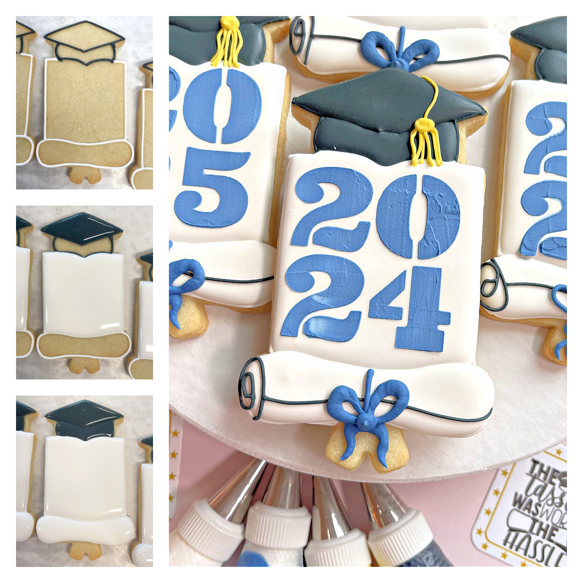 Blue and white graduation-themed sugar cookie shaped like a diploma with dark blue mortarboard using yearly plaque cookie cutter and stencil