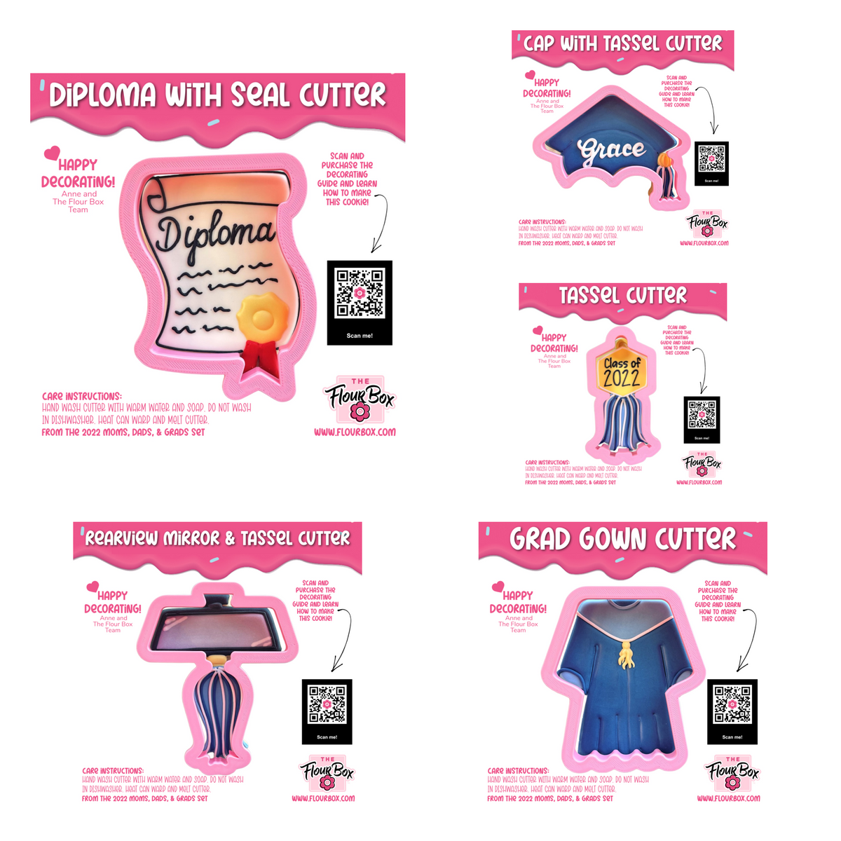 Pink-edged graduation cookie cutter set shaped like a diploma with seal and ribbon for celebratory baking