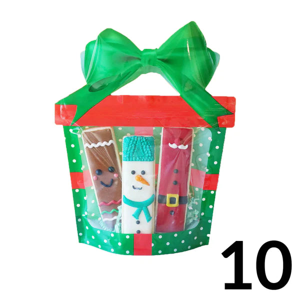 Green gift cookie bag with green ribbon bow containing gingerbread man snowman and santa claus cookies set of 10 bags