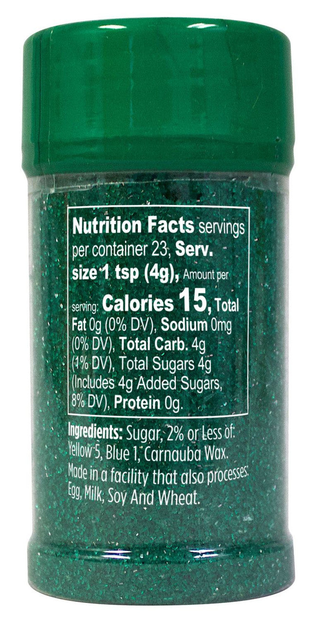Dark green sanding sugar small sprinkle jar with green glittery sugar and matching green lid for decorating desserts