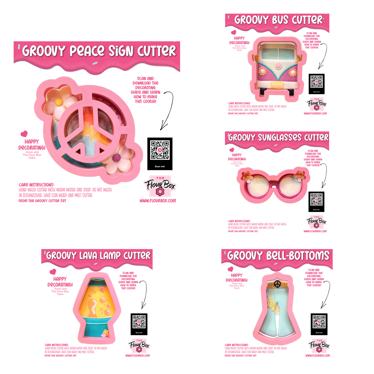 Pink silicone peace sign cutter with floral accents and rainbow gradient interior from groovy 5 cutter bundle