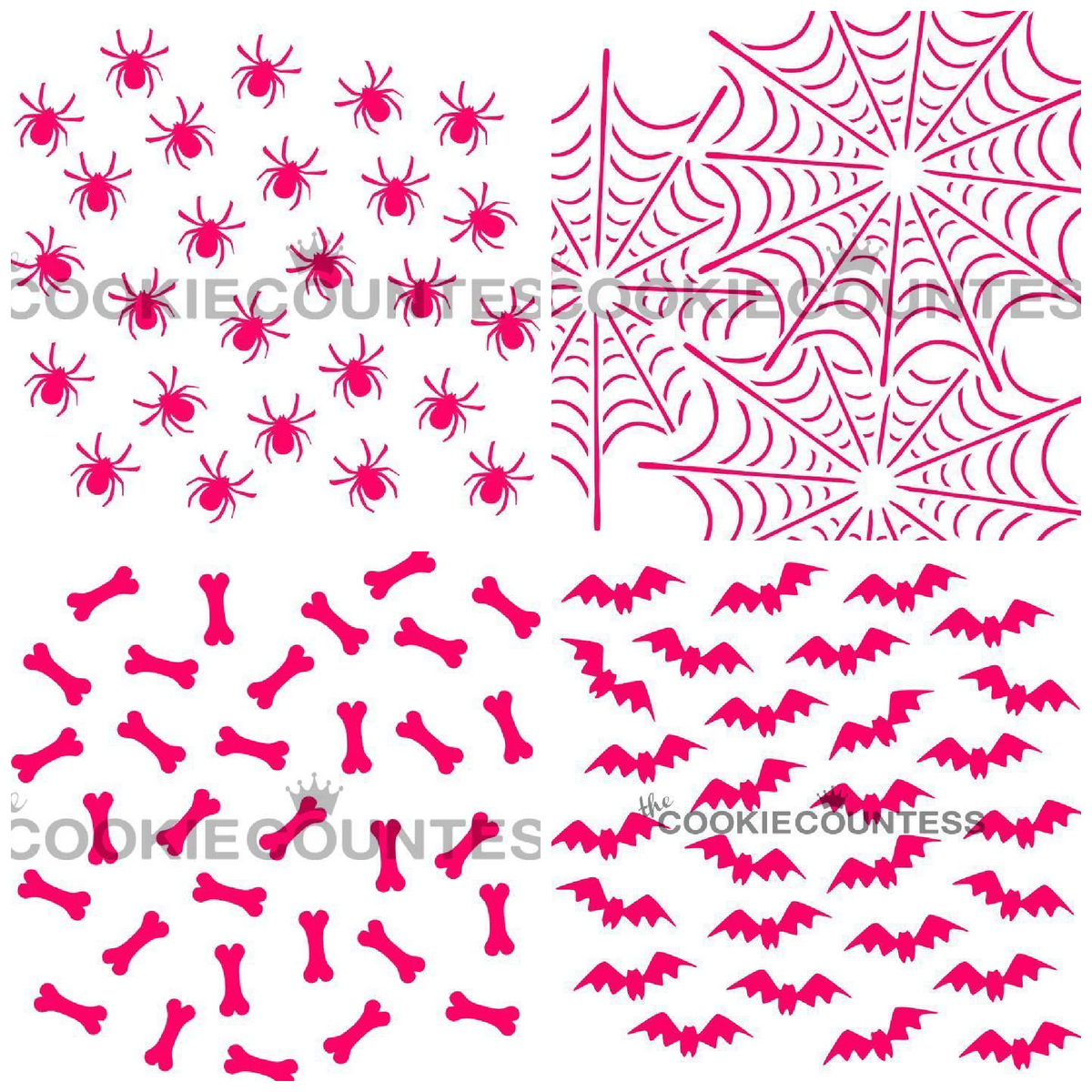 Pink spider bone and bat cookie cutters in a grid pattern from the halloween stencil bundle for festive baking